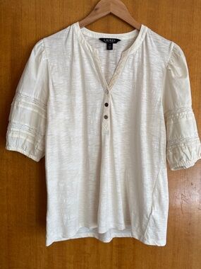 Lauren Ralph Lauren lace trim puff sleeve Henley tee.  large